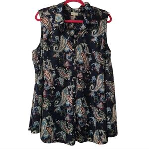 Avenue Paisley Sleeveless Semi Sheer Button Down Blouse Size 22/24